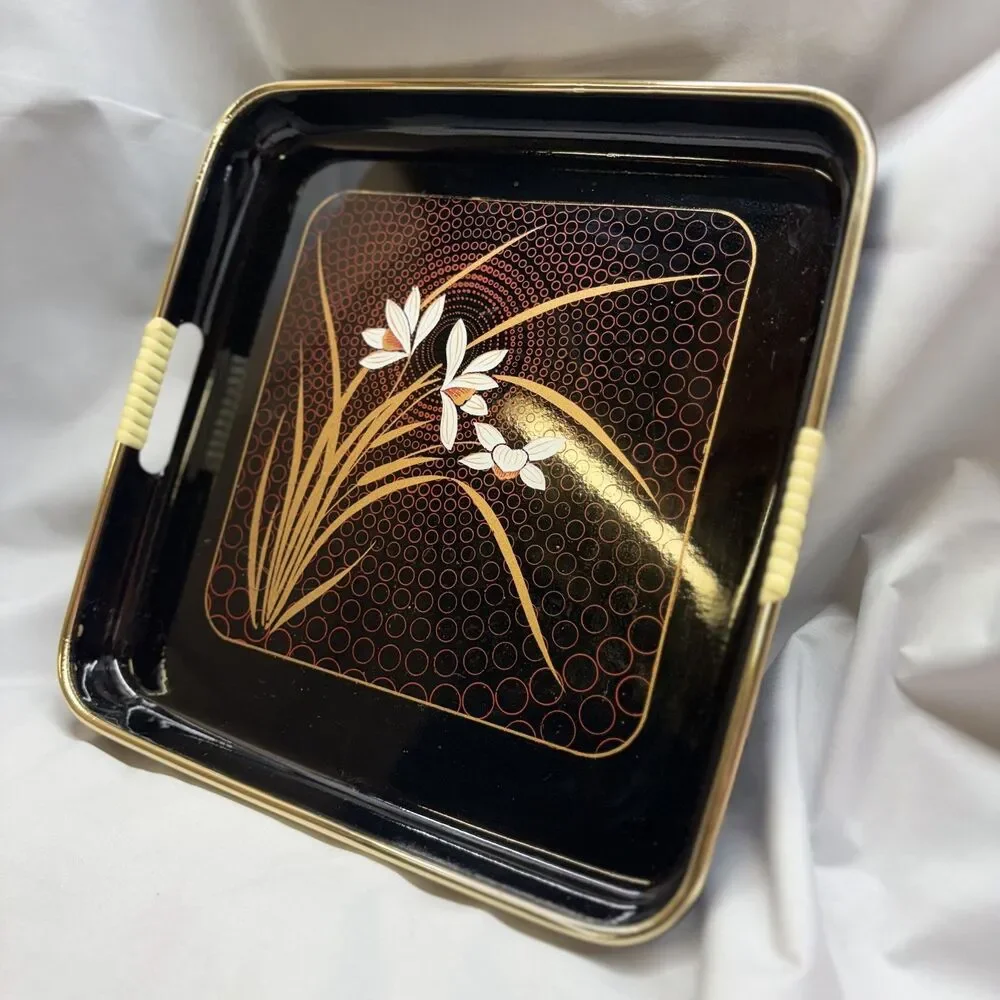 Vintage Japanese Lacquerware Tray Black Gold Iris Orchid Floral MCM Bar Vanity